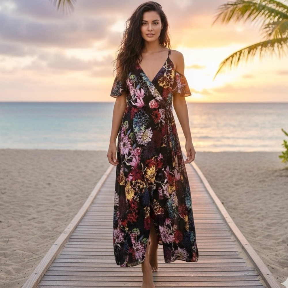 Fourteenth Place Black Floral Wrap Front Midi Dress Size L